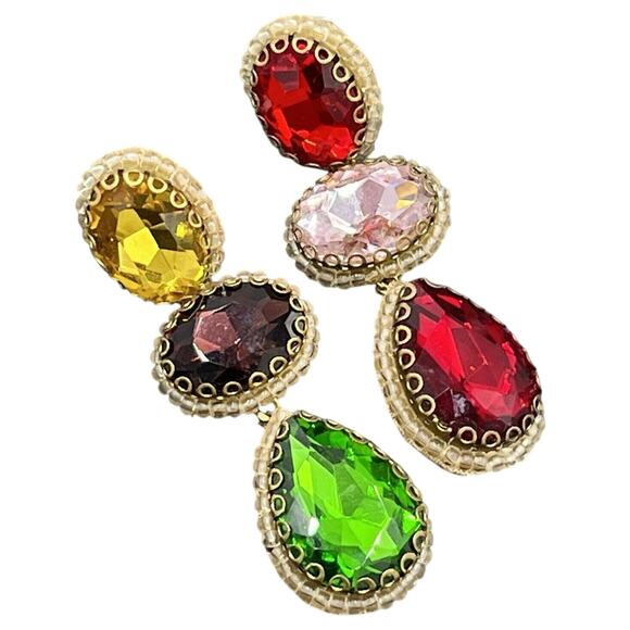 Deepa by Deepa Gurnani Jewel Color Rhinestones Gold Tone Post Dangle Earrings - Picture 1 of 8